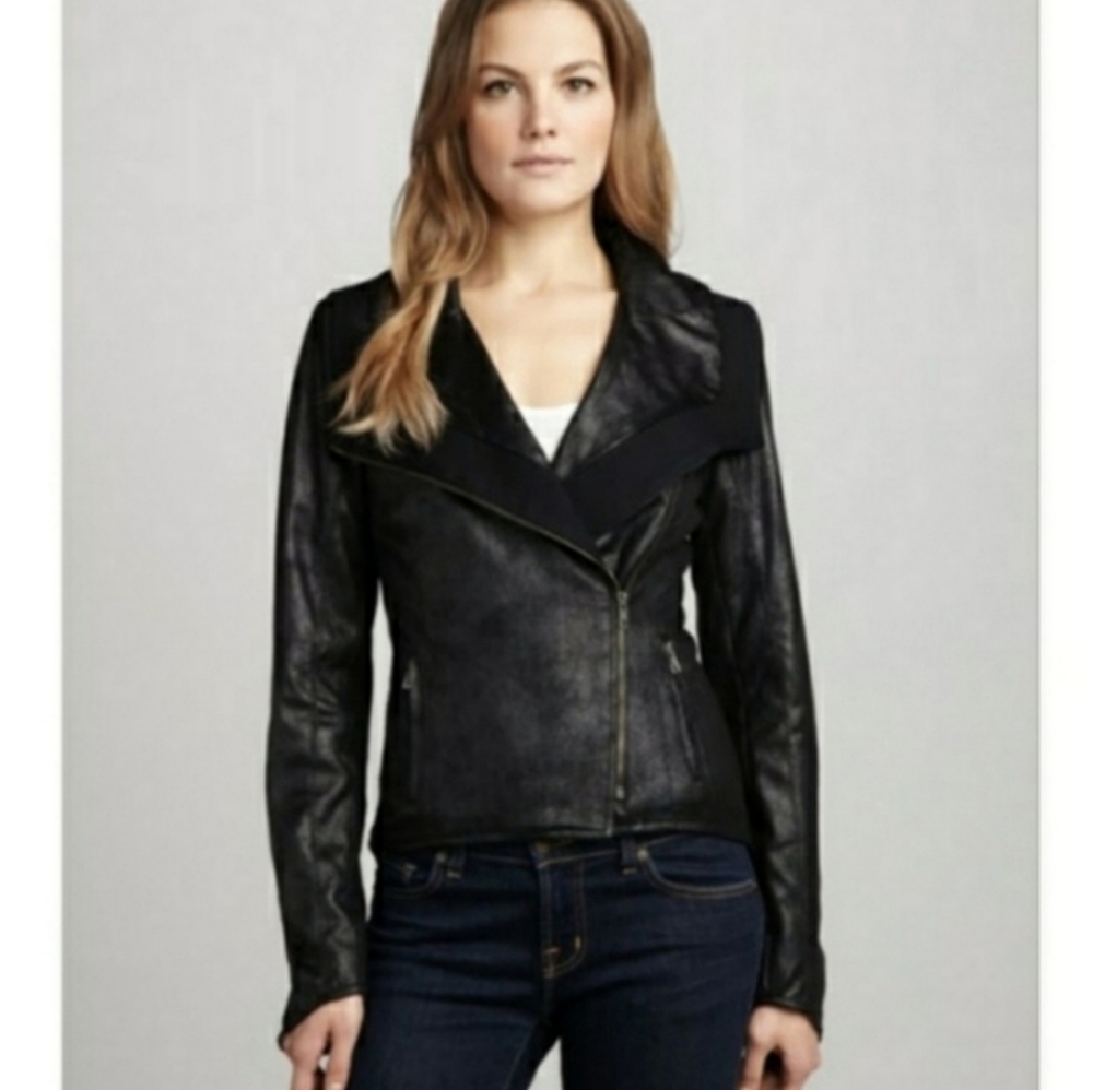 SW3 Bespoke Drape Front Faux Leather Suede Vegan Motorcycle Jacket Coat Small